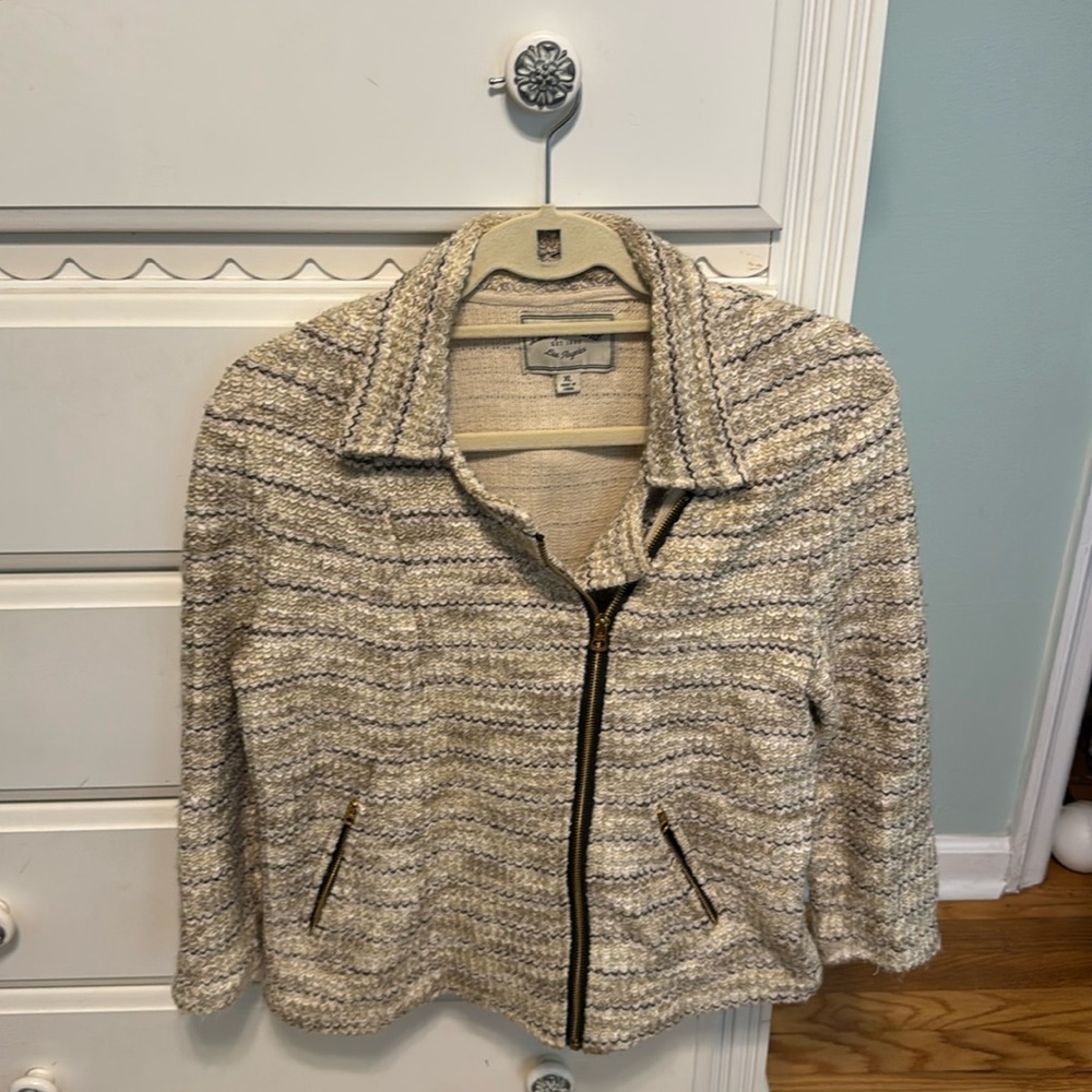 Lucky Brand tweed moto-style jacket with gold zipper detail